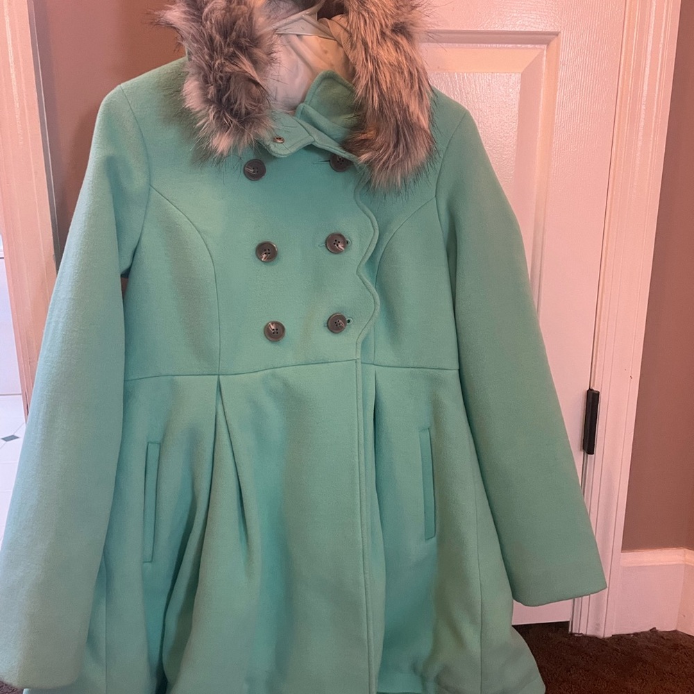 Cat & Jack Mint Green Pea Coat with Faux Fur Trim